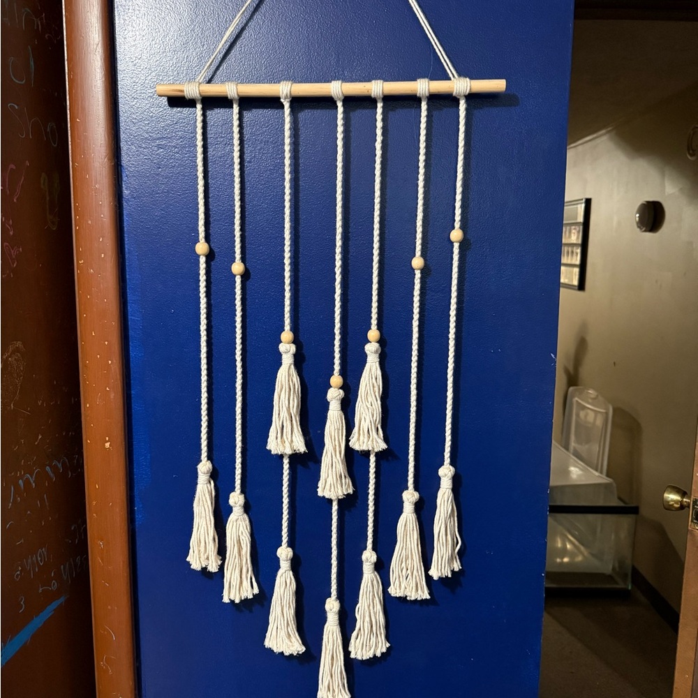 EARTHBOUND Cotton Tassel Wall Hanging - Cream on Blue